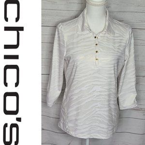 Chico's Zenergy Gold Dust Zebra Print Long Sleeve Golf Shirt